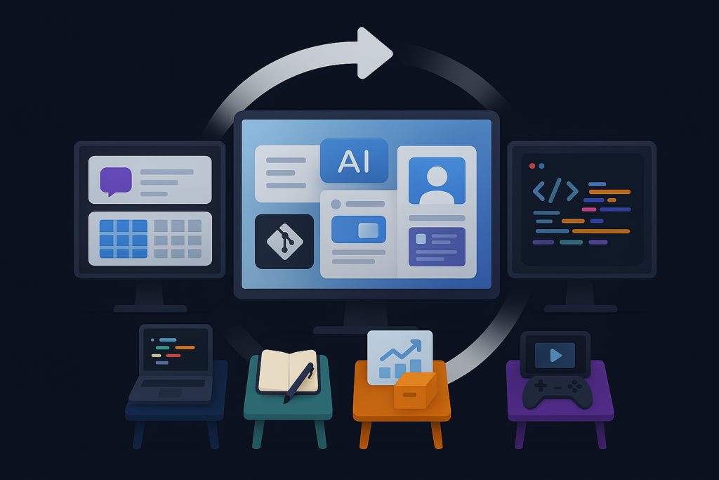 仮想デスクトップとFancyZonesによる作業モード切り替えとレイアウト設計を象徴する構成図