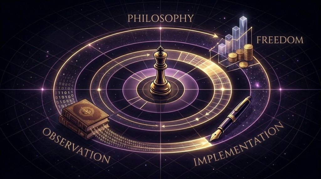 哲学（Philosophy）、観測（Observation）、実装（Implementation）、自由（Freedom）を象徴する、エンジニアの自己運用術を表現したアイキャッチ画像。