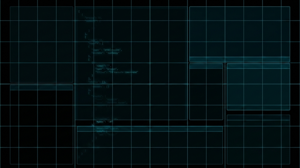 黒を背景に、シアンブルーの発光するラインで描かれたFancyZonesのレイアウト構造グリッドとJSONコードの重なり